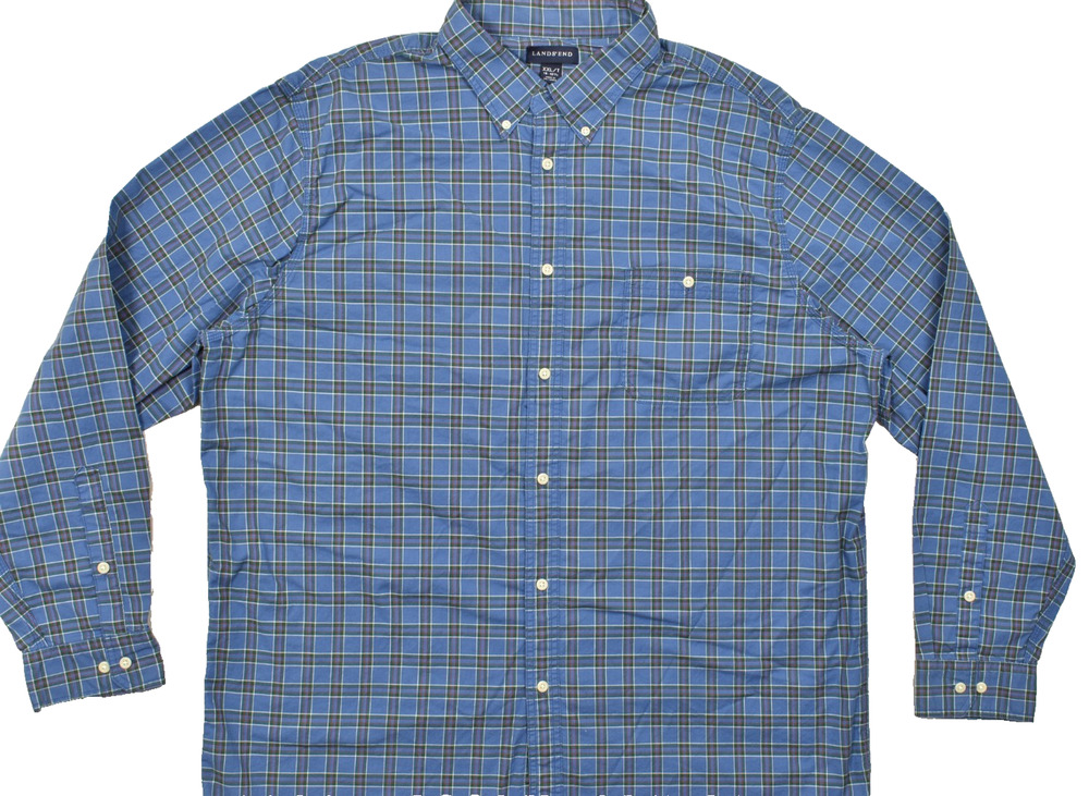 Lands' End Men's XXL/T Tall Blue Plaid Cotton Button Down Long Sleeve Shirt
